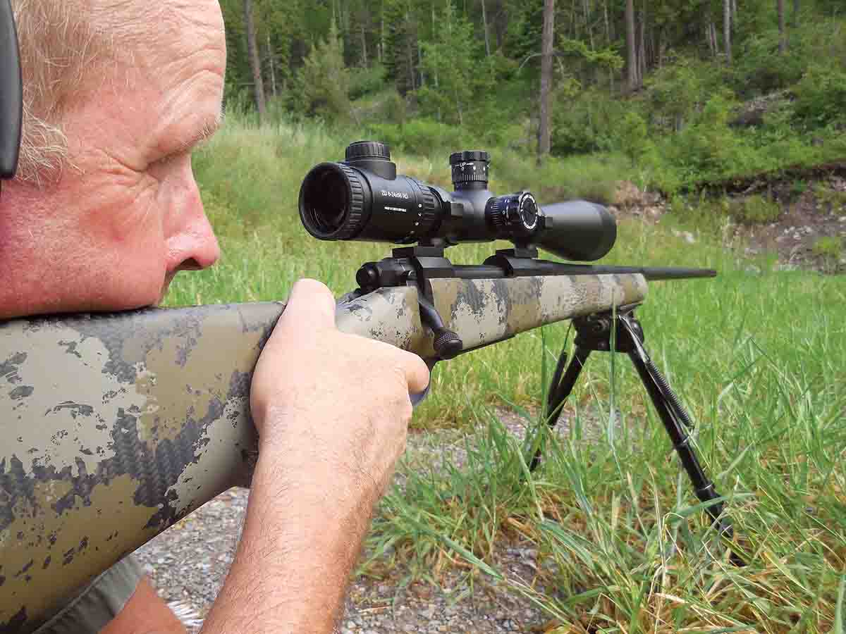 The 56mm objective lens on the Meopta ZD 6-24x 56 RD scope sits high on the Nosler Long-Range rifle. The rifle’s high stock comb helps align the eye with the scope.